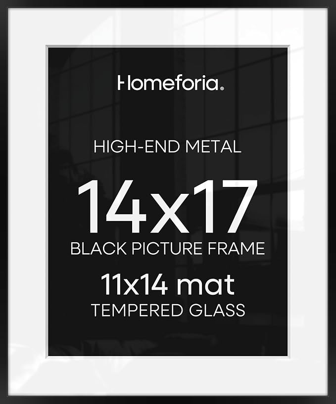 Homeforia 14x17 Picture Frame Black, High End Metal 14 x 17 Poster Frames with Mat 11 x 14 for Photo, 14x17 Black Frame Matted to 11x14 inch Print, 17x14 Thin Frame, Tempered Glass, Wall Kit, Set of 4