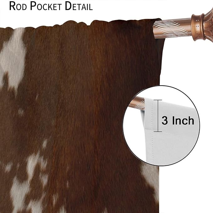 Cowhide Blackout Curtain, Rustic Farm Brown White Cowhide Animal Fur Western Curtains Rod Pocket Window Treatments 2 Panels Drapes for Kitchen Living Room Bedroom Cafe Decor 84" W X 84" L