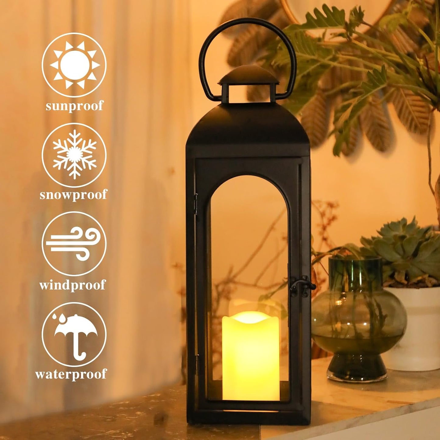 Bdor 20 Inches Metal and Stainless Steel Glass Decorative Lantern with Electronic Wax Effect - Indoor/Outdoor Decorative Lighting, Handcrafted Aesthetic, Perfect for Home, Parties, and Holiday Decor