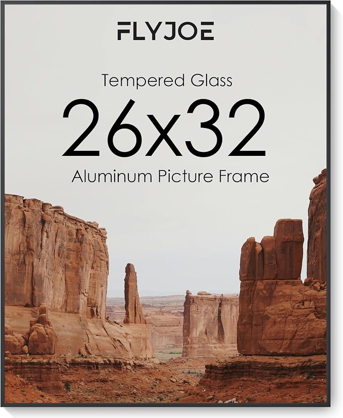 26x32 Metal Picture Frame, Aluminum Poster Frame with Real Glass, Black | Sleek Black 32x26 Frame with Tempered Glass for Wall Display, Posters, Art & Photos | Wall Kit Included