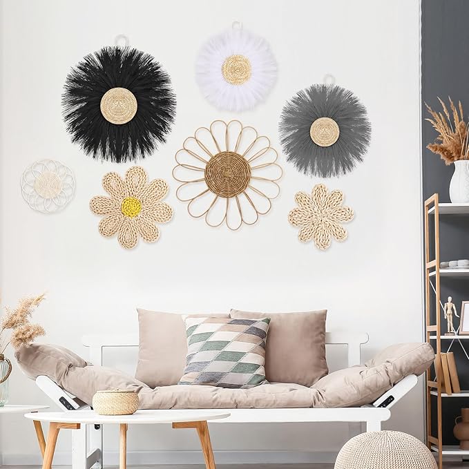 Chunful 7 Pcs Boho Wall Basket Decor Rattan Flower Wall Decor Nursery Daisy Flower Woven Macrame Hanging Flowers for Baby Kids Girls Farmhouse Bedrooms Living Rooms Kitchen Home(Light Grey)