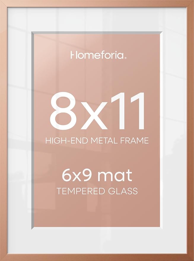 Homeforia 8x11 Picture Frame Rose Gold, High End Metal 8 x 11 Poster Frames with Mat 6 by 9 Photo, 11x8 Frame Matted to 6x9 inch Print, 8by11 Wall or Tabletop Frame, Tempered Glass, Wall Kit, Set of 1