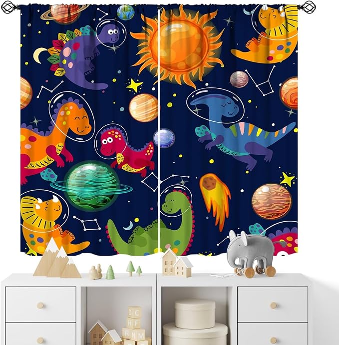 YCness Kids Dinosaur Curtains Cute Funny Cartoon Dino Outer Space Art Printed Blackout Window Drapes for Boys Girls Bedroom Children Nursery Decor Fabric Set 2 Panel 84x84 Inch 80% Shading Rate