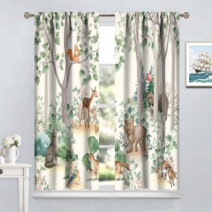 Forest Animal Kids Curtains, Wild Rustic Bear Fox Deer Children Cartoon Window Treatments for Living Room, Watercolor Blackout Drapes 2 Panel Sets,72x63 Inch