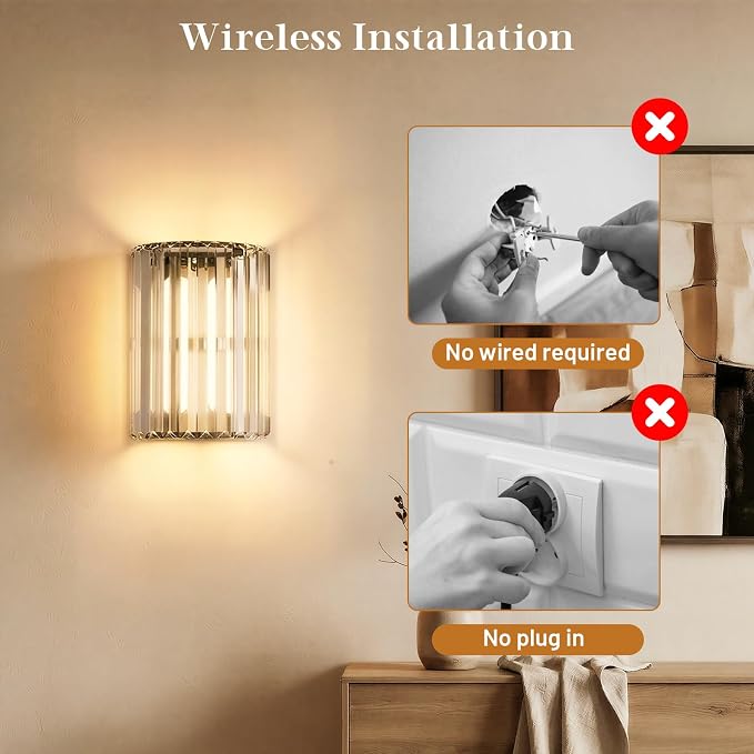 Black Battery Operated Wall Sconces Set of Two, Crystal Wireless Wall Light with Remote, Rechargeable Cordless Wall Lamp 12 RGB and 3 CCT Dimmable Decor for Bedroom Living Room Hallway