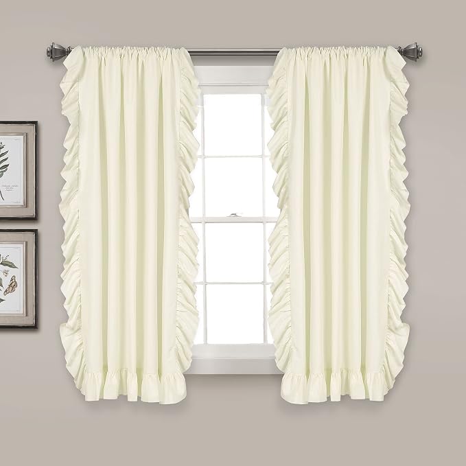 Lush Decor Reyna Ruffle Window Curtain Panel Set, Pair, 54" W x 63" L, Ivory - Flowy Curtain Set - Romantic Ruffle Curtains for Bedroom, Living room, or Dining Room - Farmhouse & Cottage Home Decor