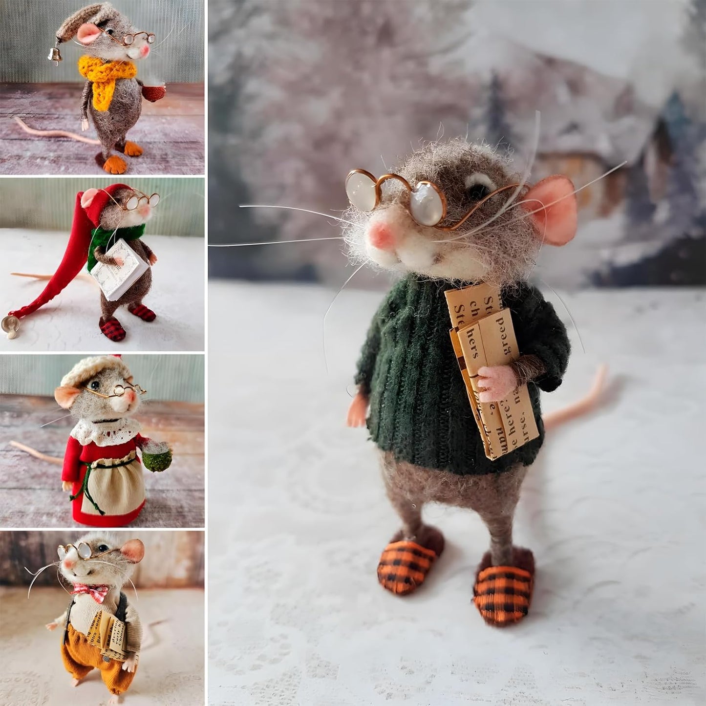 Felted Mouse, Cute Miniature Dollhouse Felt Mouse Ornament, Felt Wool Mice Figurine for Holiday Decor, Needle Felted Mouse Doll Decorations Festival Statue (Mrs. Claus)