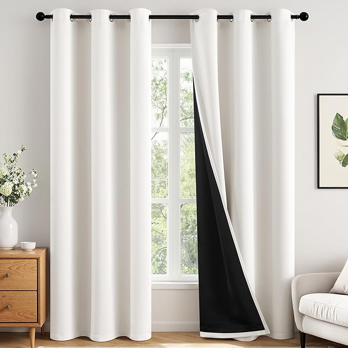 MIULEE Ivory 100% Blackout Curtains for Bedroom 90 Inch Long, 2 Thick Layers Thermal Insulated Black Out Window Curtains with Black Liner, Noise Reducing Grommet Living Room Drapes 2 Panels Set