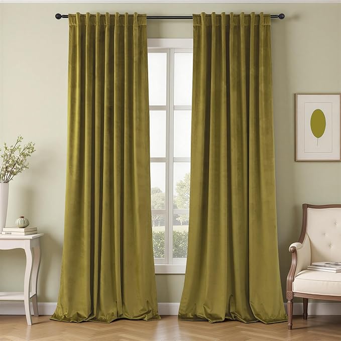 Chartreuse Green Velvet Curtains 84 Inches Long 2 Panels Set for Living Room Mid Century Modern Maximalist Psychedelic Vintage Olive Green Yellow Drapes for Bedroom Wide 52 x 84 Inch Length Back Tab