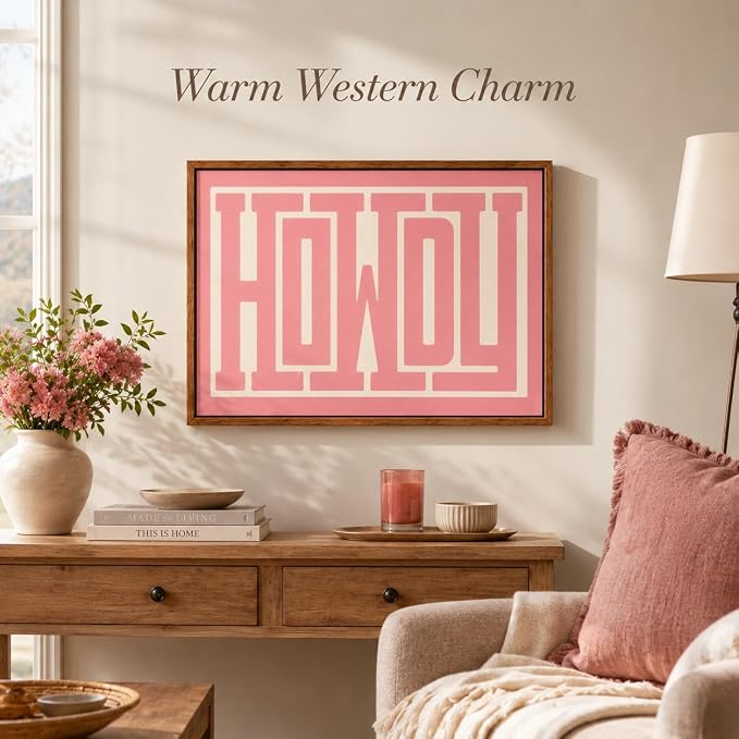 QIYFFBN Framed Pink Howdy Wall Art Western Cowgirl Picture Decor 16x24in | Cream Preppy Canvas Painting,Retro Southwestern Country Prints,Farmhouse Living Room Bedroom For Teen Girls Wall Decor