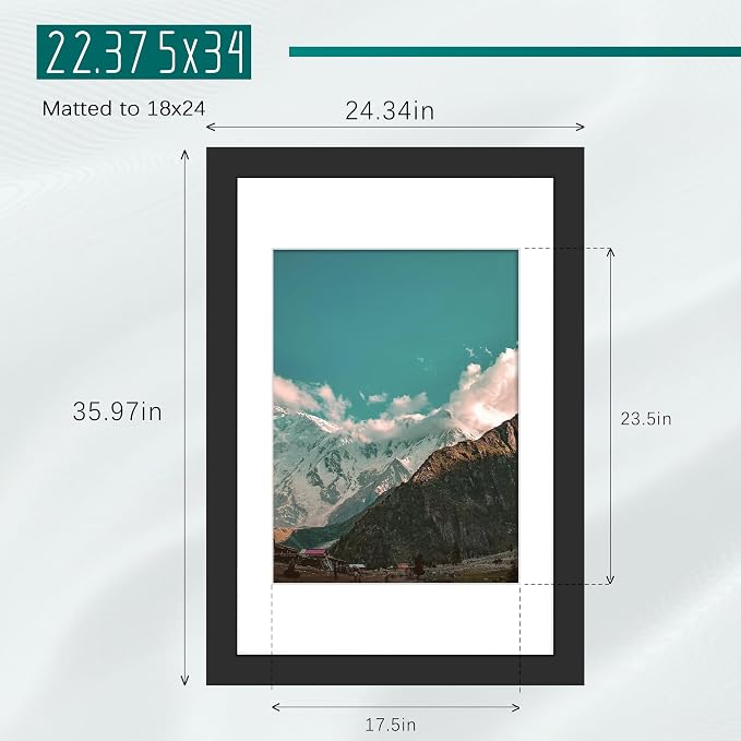Picrit 22.375x34 Picture Frame 3 Pack, Black Poster Frame, Display Poster 18 x 24 with Mat or 22.375 x 34 without Mat for Horizontal or Vertical Wall Mounting