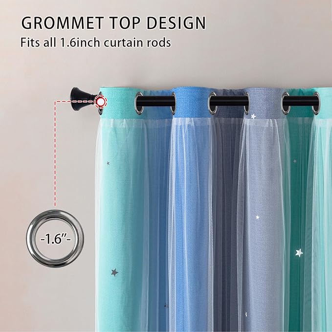 XiDi 90 Inches Curtains for Girls Bedroom 2 Panels Set, Blue Green Grey Blackout Rainbow Grommet Curtains for Kids Room Decor, Unicorn Wall Decals Drapes for Little Girl Nursery Room 34 Inches Wide