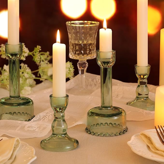 Lanttu 6 Pcs Green Glass Candlestick Holders Taper Candle Holder Bulk | Crystal Candle Holders for Wedding, Table Centerpiece, Home Decoration