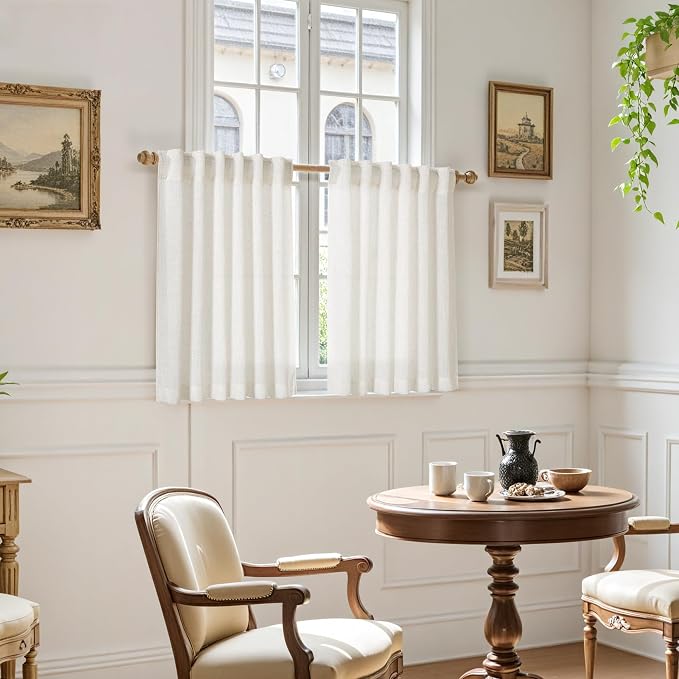 Nanspring Cafe Linen Curtains 40 Inch Length Cream Privacy Semi Sheer Light Filtering Back Tab and Rod Pocket Drapes for Basement/Loft Room Small Window 34 x 40 Inch,2 Panels