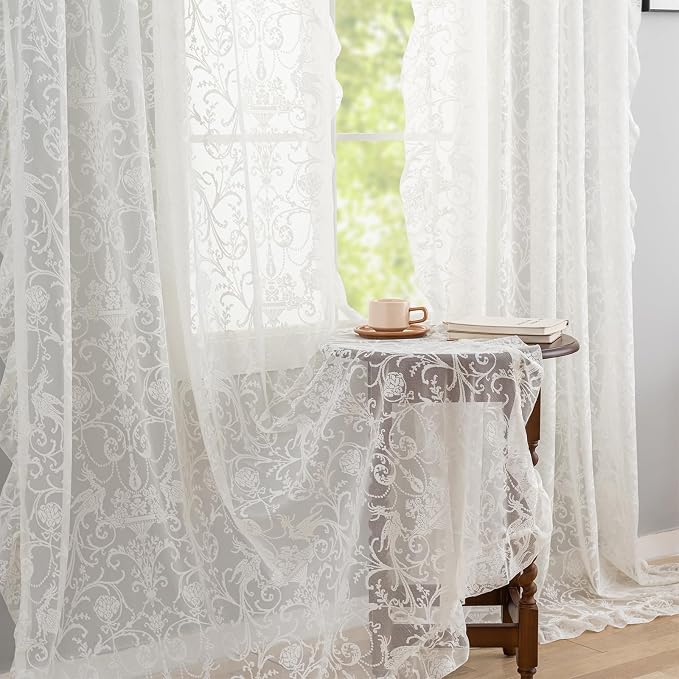 TUDECO Ivory Lace Curtains 108 Inch Long - Vintage Country Floral Embroidered Sheer Curtains Ruffle Edges, Rod Pocket Privacy Farmhouse Decor for Living Room Patio Garden, 59 x108 Inch, Ivory