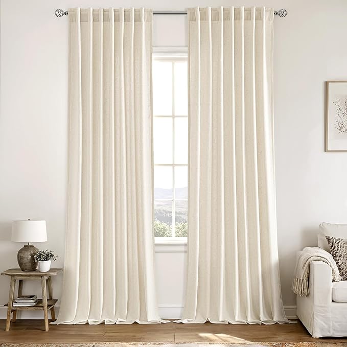 MIULEE Non-See-Through Privacy Linen Curtains 2 Panels, Light Filtering Window Curtains Farnhouse Textured Back Tab Semi Sheer Drapes for Bedroom Living Room, 52 x 108 Inches Long, Ivory