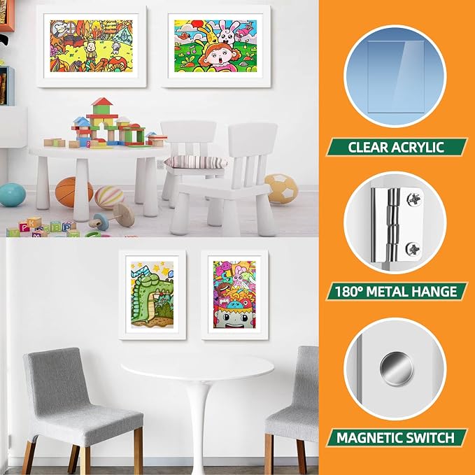 4 Pack Kids Art Frames 8.5x11 Inch Kids Artwork Flip Frame Changeable for Picture Display, Children School Drawing Projects Storage, Horizontally Vertically Wall Hanging, Front Opening, White