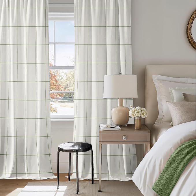 Plaid Curtains 84 inches Long for Bedroom,Farmhouse Gingham Curtains 84 Inches Long for Living Room,Beige Sage Green Gingham Checkered Rod Pocket Light Filtering Stripes Privacy Drapes 2 Panels
