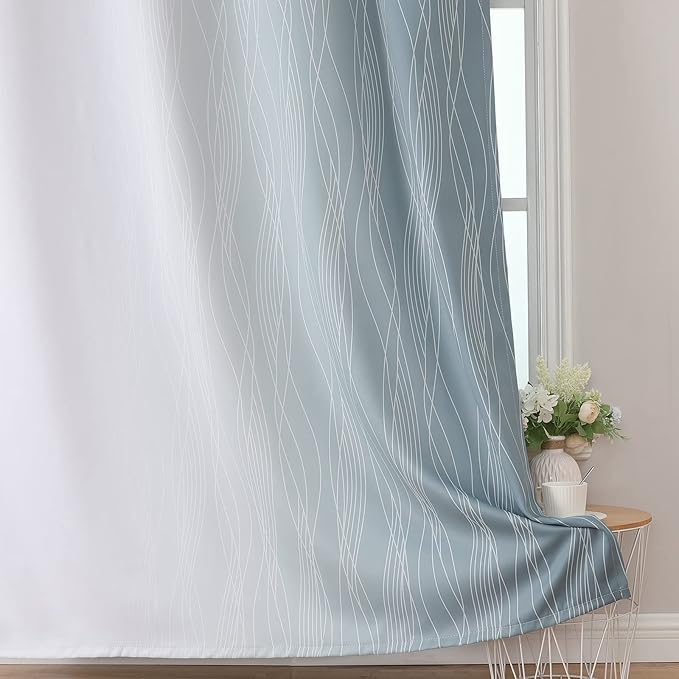 Estelar Textiler Stone Blue and Greyish White Ombre Blackout Curtains 54 Inch Length 2 Panels, Full Room Darkening Drapes for Window, Thermal Insulated Grommet Short Curtains for Bedroom,42Wx54L