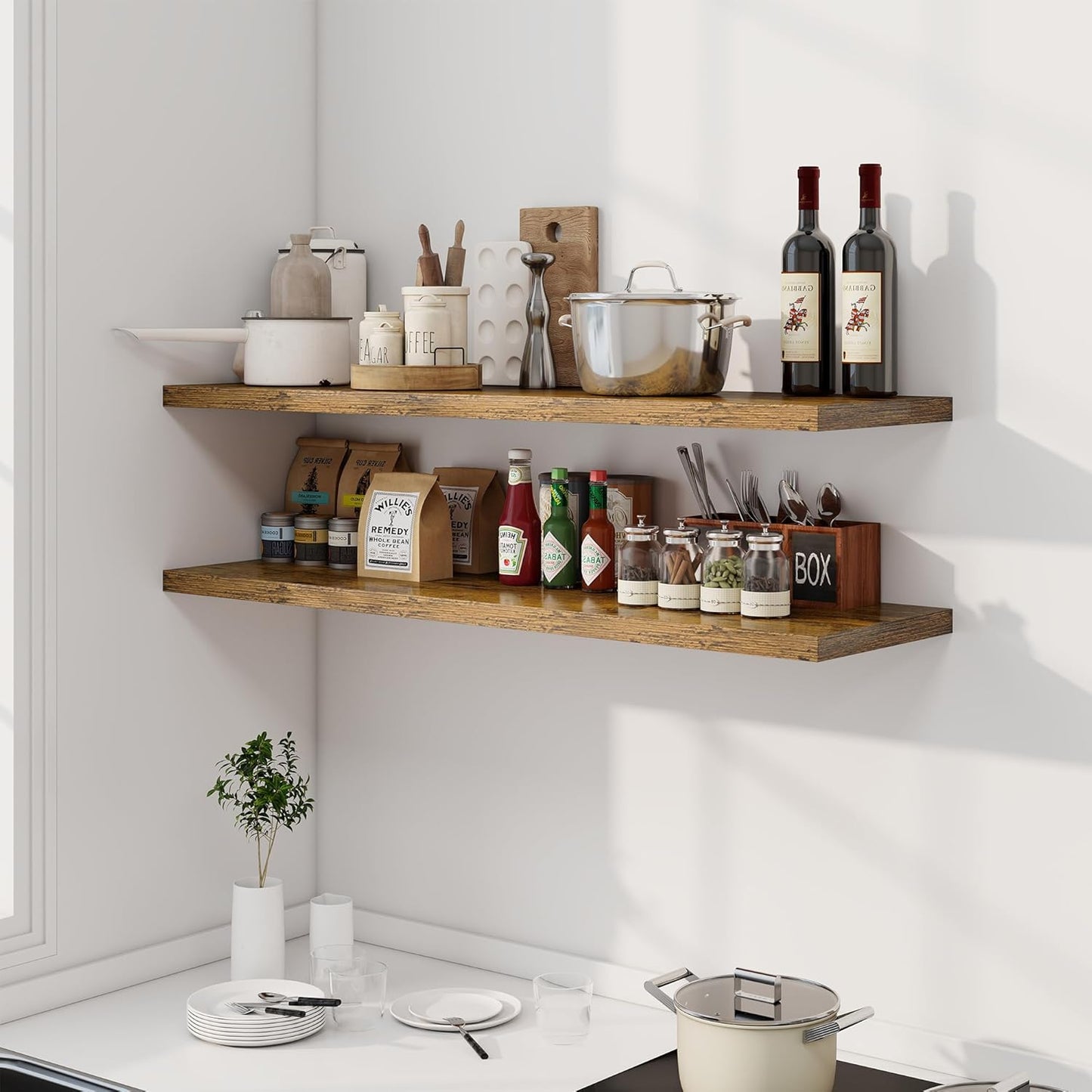 48" Floating Shelves for Wall, 12" Deep Slim Rustic Brown Floating Shelves, Wall-Mounted Shelves for Bedroom, Living Room, Kitchen, Bathroom - Set of 2