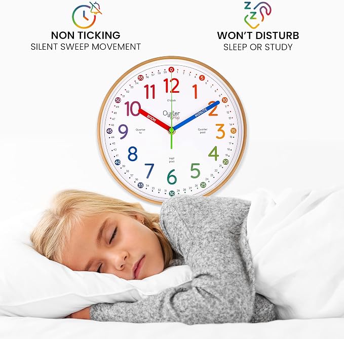 Oyster&Pop Kids Clock - Silent 10" Analog Clock, Learning Wall Clocks - Award-Winning Telling Time Teaching Clock for Kids - Bedrooms Homeschool & Classrooms - Includes eBook
