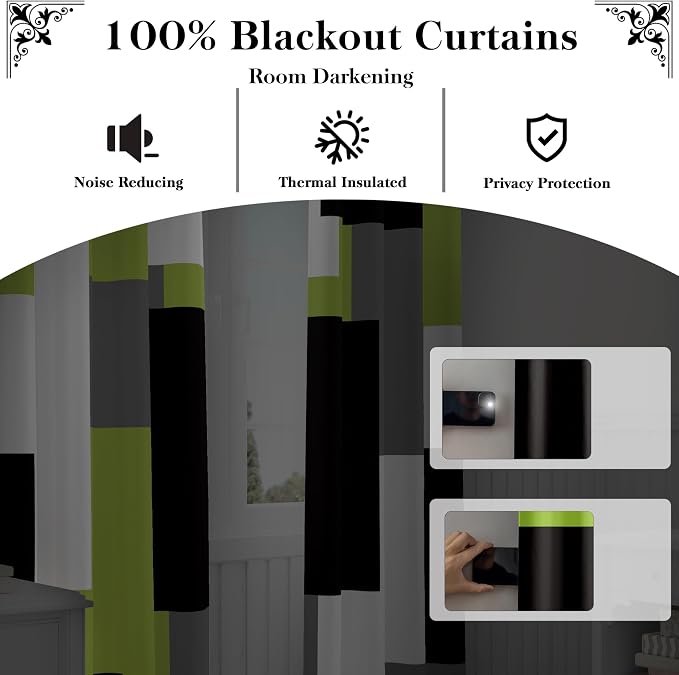 Tyrot Lime Green 100% Blackout Curtains for Bedroom 96 inch Length 2 Panels Set Light Fresh Modern Abstract Geometric Black Out Curtains Insulated Room Darkening Window Drapes for Living Room, 52Wx96L