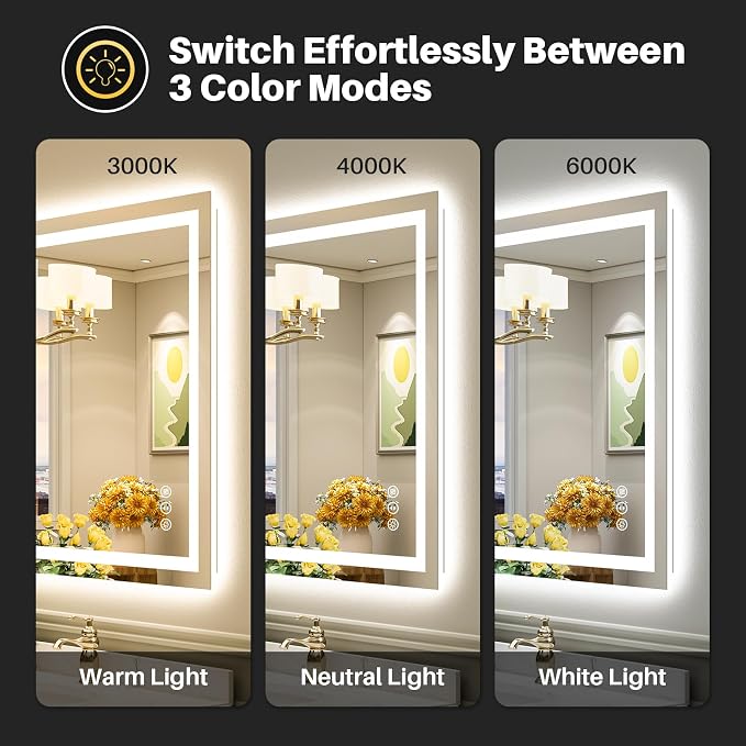 Briivue 28x36 Inch LED Bathroom Mirror with Lights, Backlit & Front Lit, Anti-Fog Lighted Bathroom Vanity Mirror for Wall, Memory Function, Dimmable, HD Tempered Glass, Shatter-Proof