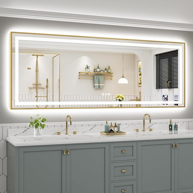 96X36 Inch LED Bathroom Mirror with Gold Frame, Backlit & Front Lit, Anti-Fog Lighted Bathroom Vanity Mirror for Wall, Memory Function, Dimmable, HD Tempered Glass, Shatter-Proof