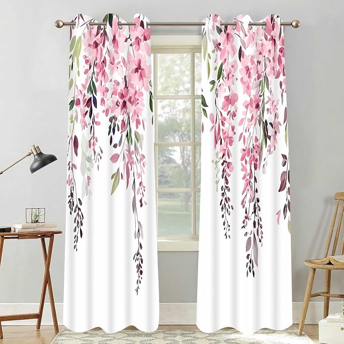 Pink Watercolor Floral Curtains, 42x72 inch, 2 Panels | Botanical Leaves Vine Flowers, Rustic Farmhouse Style, Blackout Window Treatment, For Bedroom Living Room