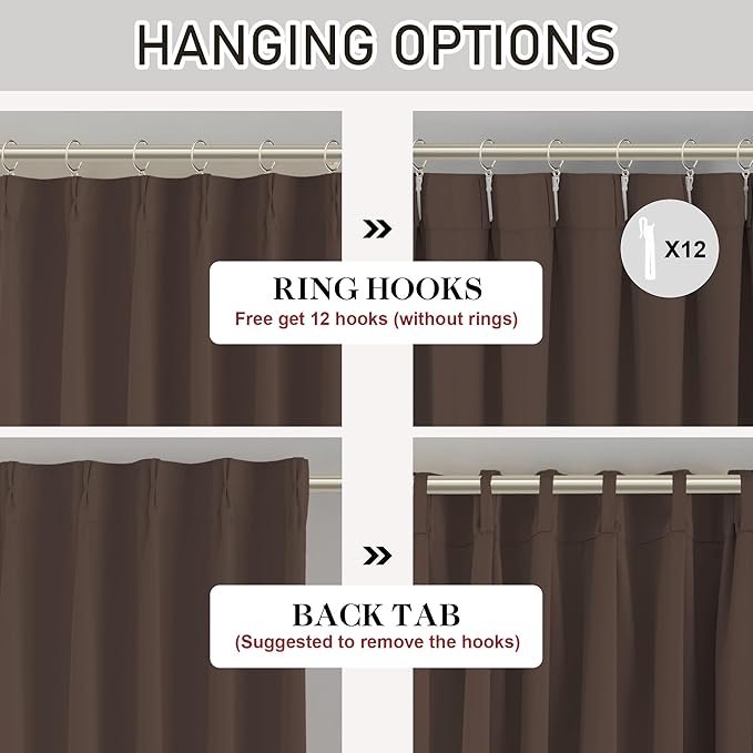 DONREN Brown Pinch Pleated Blackout Curtains with Hooks - 104 inch Length Room Darkening Thermal Insulated Window Curtain Panels for Living Room Bedroom 2 Panel 40" Wx104 L