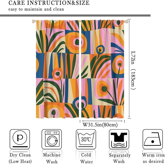 JESTRONRY Mid Century Boho Curtains, Modern Abstract Cute Retro Floral Vintage Checkered Flower Print Blackout Window Door Curtains for Bedroom Living Room Home Decor 63x72in