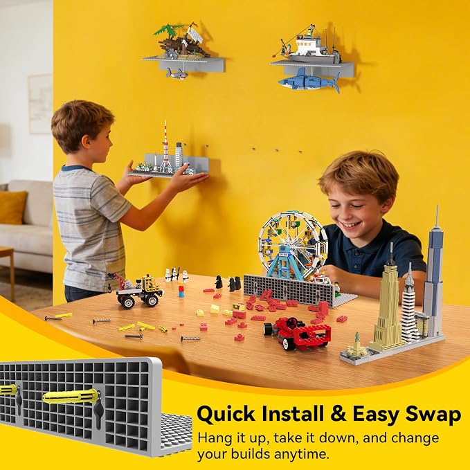 BlissBox 4-Pack Display Shelves for Wall Compatible with Lego Building Bricks, 11.3x6.3inch Dual‑Sided 36x20 Studs for Toy Brick Storage and Display, ABS Display Shelves for Room Decor, Gray