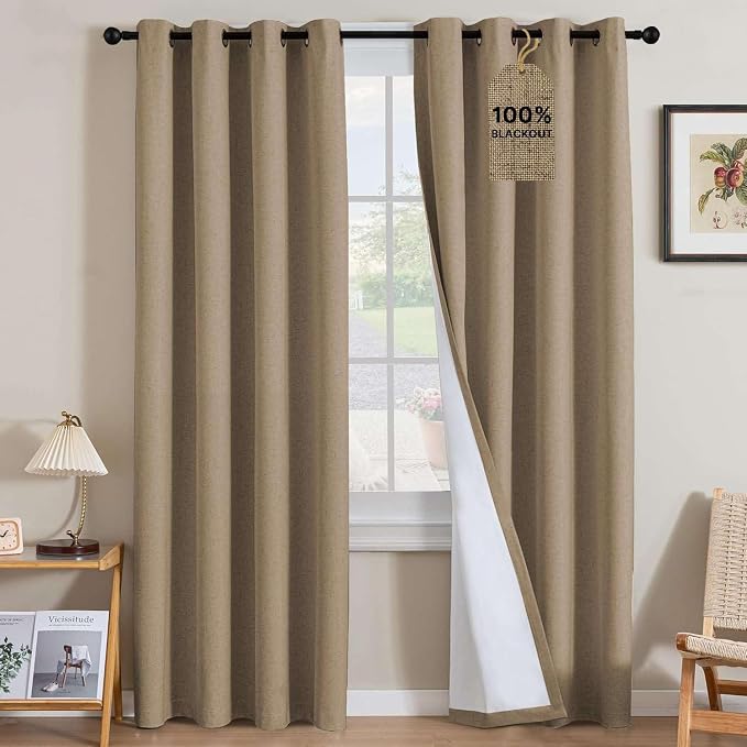 H.VERSAILTEX Linen Curtains 100% Blackout Curtains for Bedroom 90 inch Long Full Light Blocking Nature Linen Blended Window Curtains for Living Room Nickel Grommet (2 Panels, Heathered Macchiato)