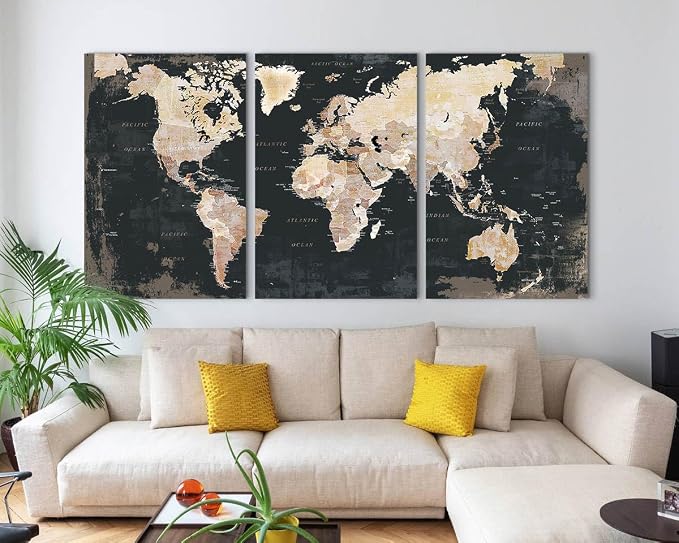 Office Pictures Wall Decor Large Black World Map Canvas Wall Art | Framed Huge Artwork for Mens Bedroom Living Room Modern Motivational Positive Neutral Painting