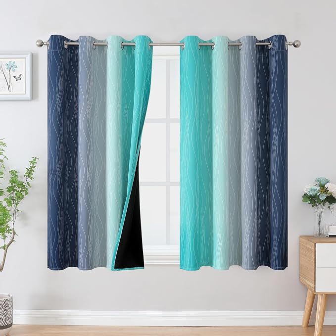 Estelar Textiler Navy Blue and Teal Blackout Curtains 54 Inch Length, Full Light Blocking Gradient Grommet Drapes for Living Room, Thermal Insulated Ombre Curtains for Bathroom,52Wx54L,2 Panels