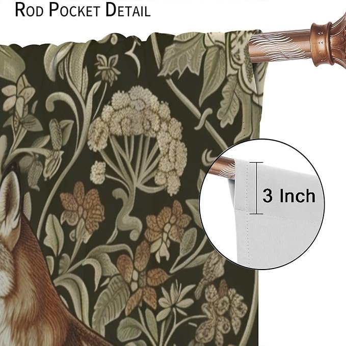 William Morris Blackout Curtains, Rustic Forest Fox Flower Botanical Art Rustic Window Drapes, for Bedroom Living Room 84" W X 84" L