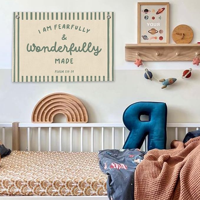 RTXLEZM Kids Room Decor, I Am Fearfully and Wonderfully Made | Christian Nursery Decor,Christian Canvas Banner Wall Hanging,Religious Wall Art for Kids Classroom Bedroom Playroom, 20x30