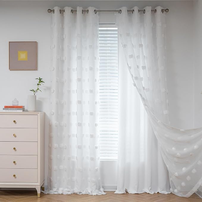 MYSKY HOME Light Blocking White Curtains for Living Room White Sheer Pom Pom Kids Room Decor Drapes 108 Inches Long Double Layer Curtain for Sliding Door Grommet Window Panels Set of 2 52" x 108"