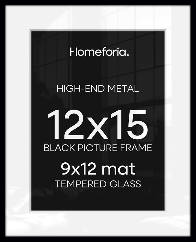 Homeforia 12x15 Picture Frame Black, High End Metal 12x15 Poster Frames with Mat 9x12 for Photo, 12 x 15 Black Frame Matted to 9 by 12 inch Print, 15x12 Thin Frames, Tempered Glass, Wall Kit, Set of 3