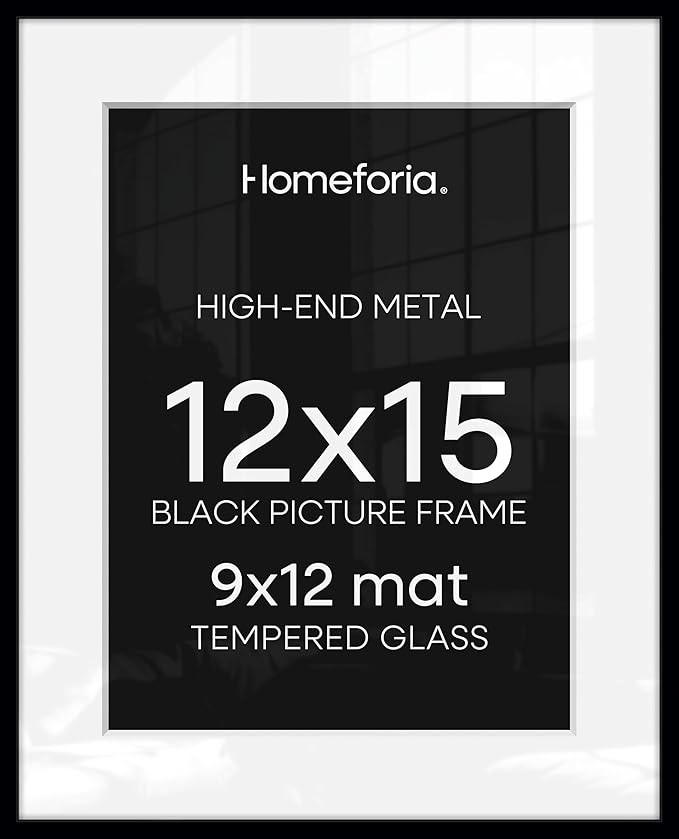 Homeforia 12x15 Picture Frame Black, High End Metal 12x15 Poster Frames with Mat 9x12 for Photo, 12 x 15 Black Frame Matted to 9 by 12 inch Print, 15x12 Thin Frames, Tempered Glass, Wall Kit, Set of 2