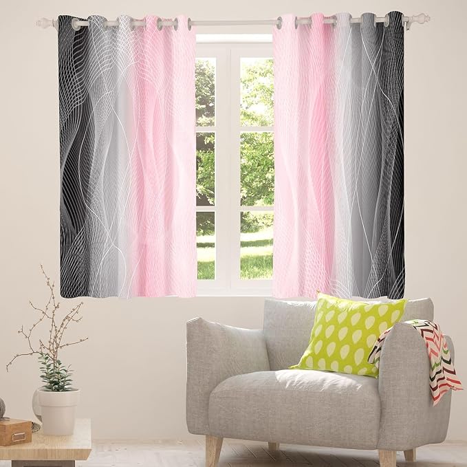 jejeloiu (2 Panels, 42 x 90 Inch Pink and Black Darkening Drapes Strip Lines Curtains for Bedroom Living Room for Kids Women Men Ombre Printed Blackout Curtains Geometric Window Treatments