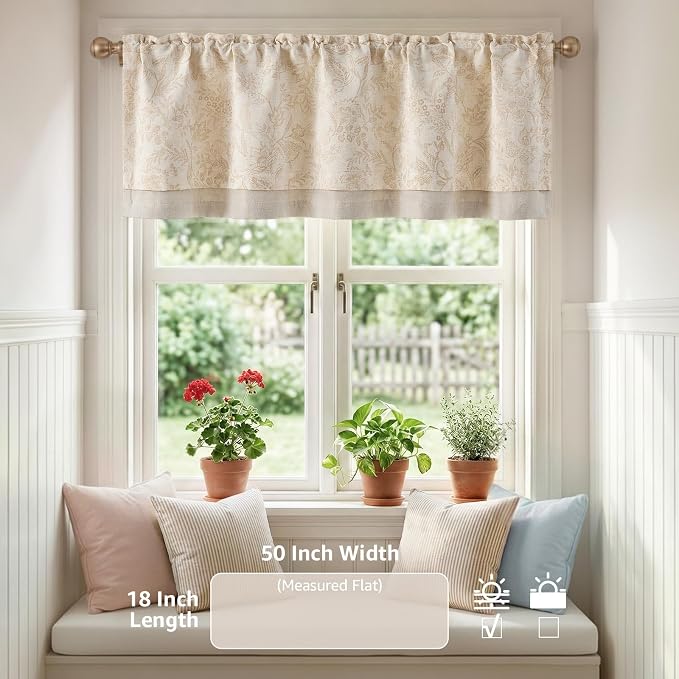 jinchan Linen Valance Curtain Farmhouse Floral Printed Small Window Curtain for Kitchen Rustic Light Filtering Valance for Living Room Bedroom Bathroom 18 Inch Rod Pocket 1 Panel Taupe on Beige