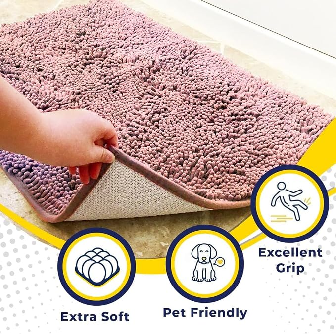 Muddy Mat® | Super Water Absorbent Door Mat Indoor, Microfiber Quick Dry Chenille Entryway Rug, Slip Resistant Front Door Mat, Indoor Mats for Entryway, Machine Washable Pet Rug, Pink 22" x 36"