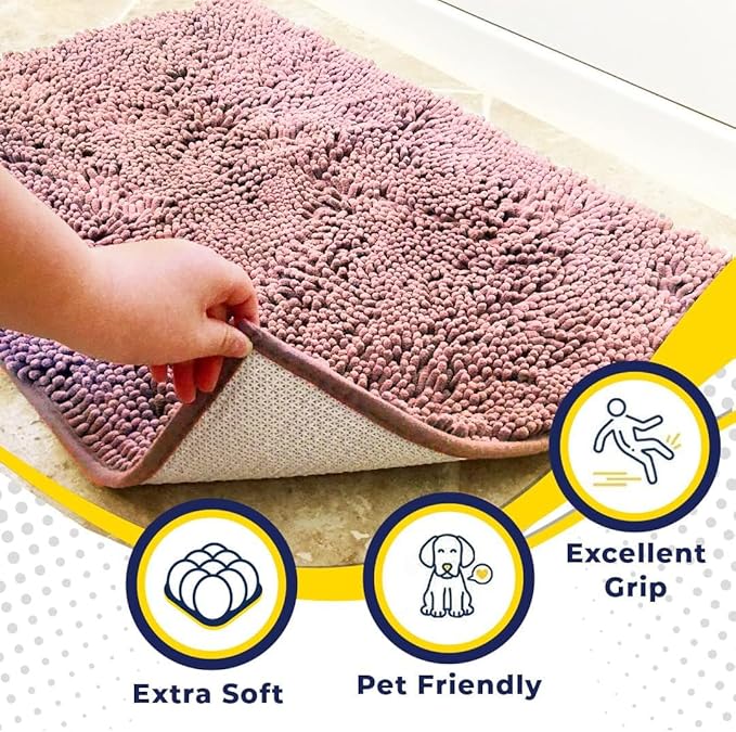 Muddy Mat® | Super Water Absorbent Door Mat Indoor, Microfiber Quick Dry Chenille Entryway Rug, Slip Resistant Front Door Mat, Indoor Mats for Entryway, Machine Washable Pet Rug, Pink 3ft x 3ft