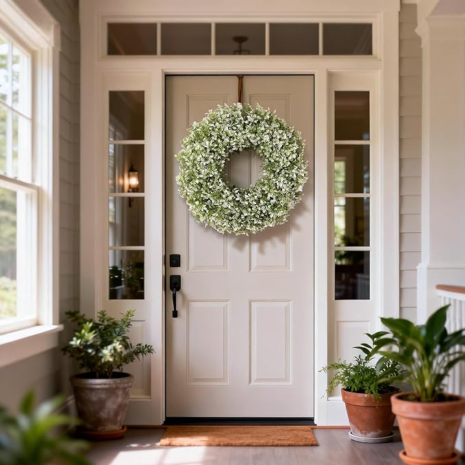 26" Large Artificial Boxwood Wreath for Front Door (White-Green) | Waterproof Fade Resistant,Premium Durable,Faux Aglaia Odorata Wreath,for Wall Window Farmhouse Outdoor All Seasons Decor