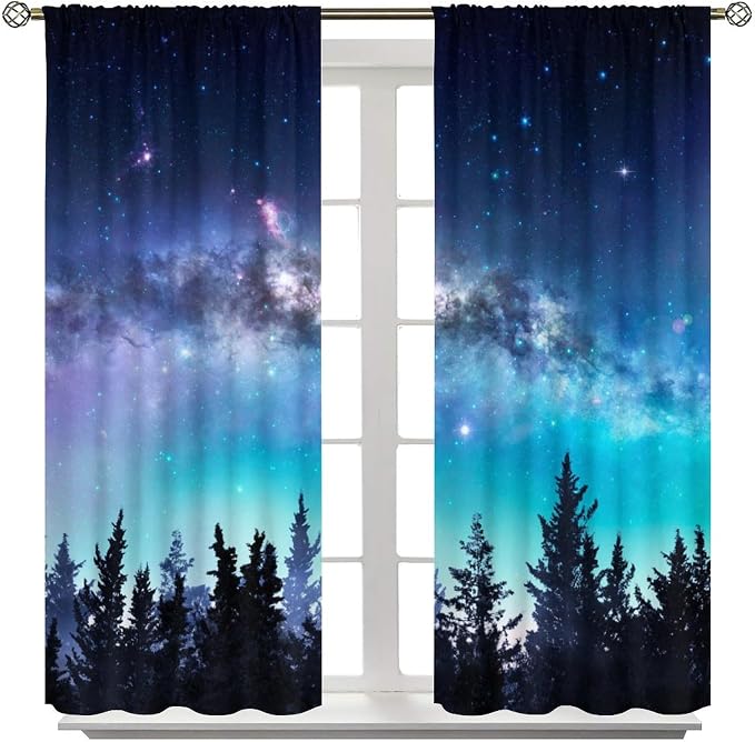 Forest Night Sky Blackout Curtains for Kitchen,Rustic North Star Moonlight Decor, Starry Moon Galaxy Nature Window Drapes Print for Boys Girls Bedroom Living Room 72x63in