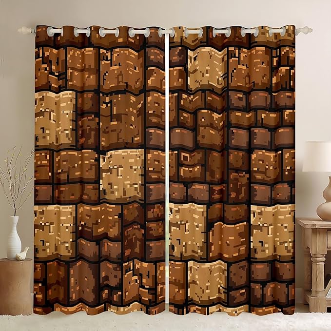 Castle Fairy Brown Stone Wall Window Curtain,Pixel Style Blackout Window Treatment,Teens Woman Men Splicing Grid Block Bedroom Curtains Video Games Living Room Decor Top 2 Panels,52Wx90L