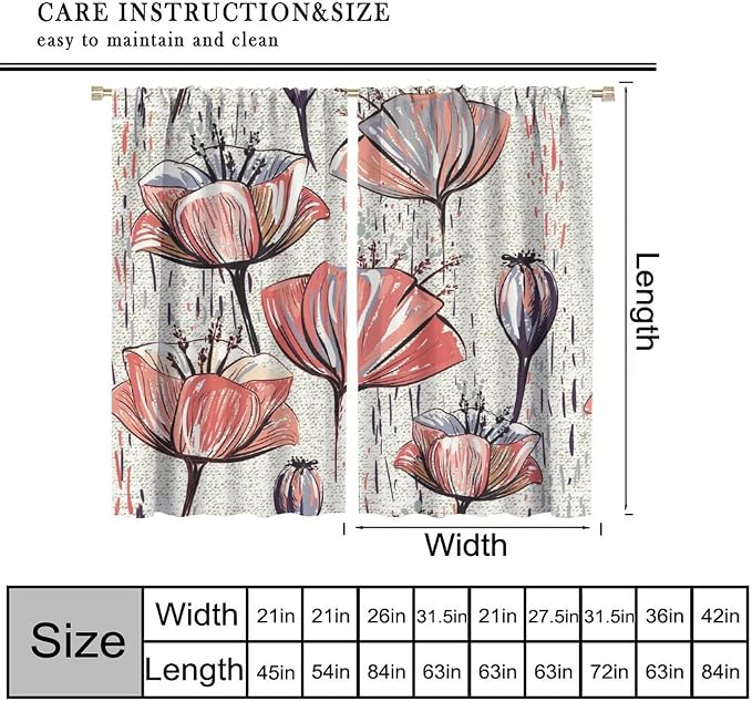 Black Blackout Curtains with Floral Patterns, Vintage Watercolor Red Floral Curtains for The Bedroom, and Heat-Insulating Curtains for The Living Room84X84 Inch