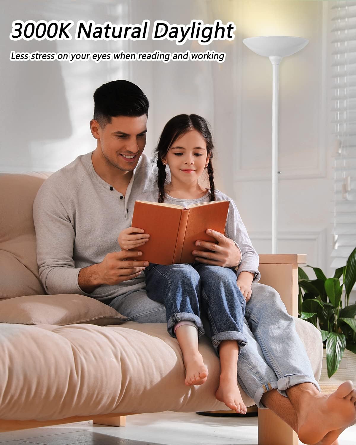 BoostArea Torchiere Floor Lamp, 30W Super Bright LED Standing Lamp, 3000K Stepless Dimmable Pole Lamp with Rotary Switch, 70 Inch Tall Metal Modern White Floor lamp for Living Room/Bedroom/Office/Den