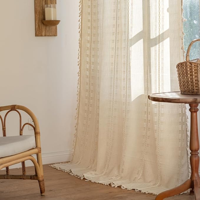 Deeprove Ivory Boho Curtain 63 inches Length for Living Room Bedroom Home Office, Retro Casual Bohemian Sheer 63 inches Long Stripe Embroidery Privacy Window Tassel Decor W52 x L63, 1 Panel